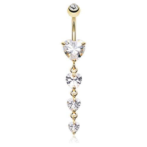 Belly Ring - Dangle Clear Golden Brilliant Heart Cascade Belly Button Ring -Rebel Bod-RebelBod