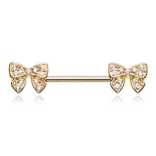 Clear Golden Dainty Bow-Tie Sparkle Nipple Barbell Ring - 1 Piece