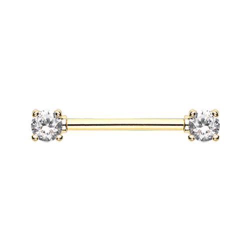 Clear Golden Double Prong Gem Nipple Barbell Ring - 1 Piece
