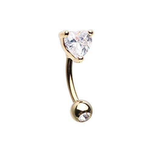 Clear Golden Heart Shape Gem Prong Curved Barbell Eyebrow Ring