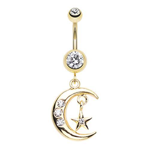 Clear Golden Moon and Star Belly Button Ring