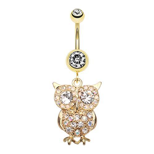 Clear Golden Owl Sparkle Belly Button Ring