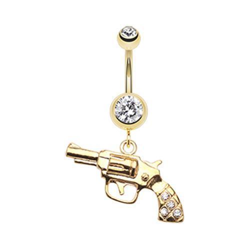 Belly Ring - Dangle Clear Golden Pistol Gun Sparkle Belly Button Ring -Rebel Bod-RebelBod