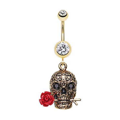 Clear Golden Skull Rose Belly Button Ring