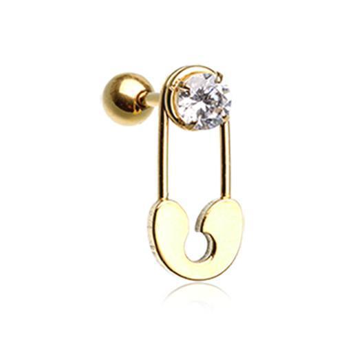 Clear Golden Sparkle Safety Pin Tragus Cartilage Barbell Earring - 1 Piece
