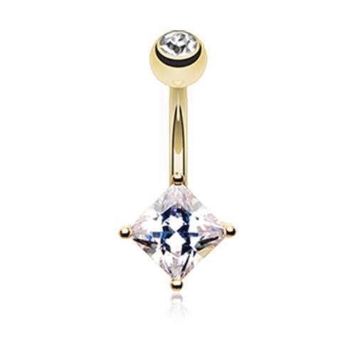 Clear Golden Square Gem Prong Sparkle Belly Button Ring