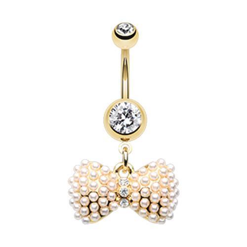 Clear Golden Vintage Pearl Bow Tie Belly Button Ring