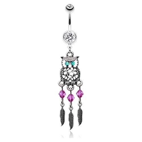 Clear Guardian Owl Dreamcatcher Belly Button Ring