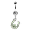 Clear Jeweled Four Leaf Clover on Horseshoe Belly Button Ring