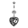 Clear Lock Key on Black Heart Dangle Belly Button Ring