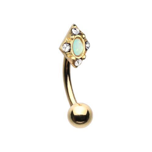 Clear/Mint Green Golden Diamond Ornate Curved Barbell Eyebrow Ring