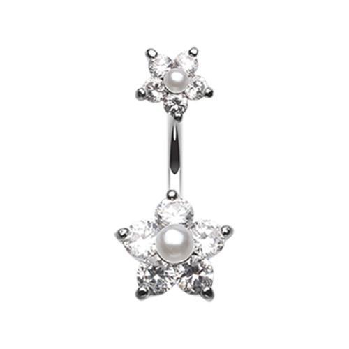 Clear Pearl Bead Flower Sparkle Belly Button Ring