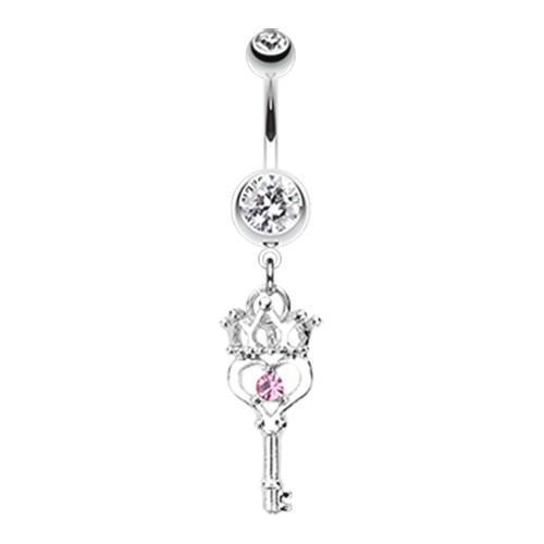 Clear/Pink Crowned Heart Key Belly Button Ring
