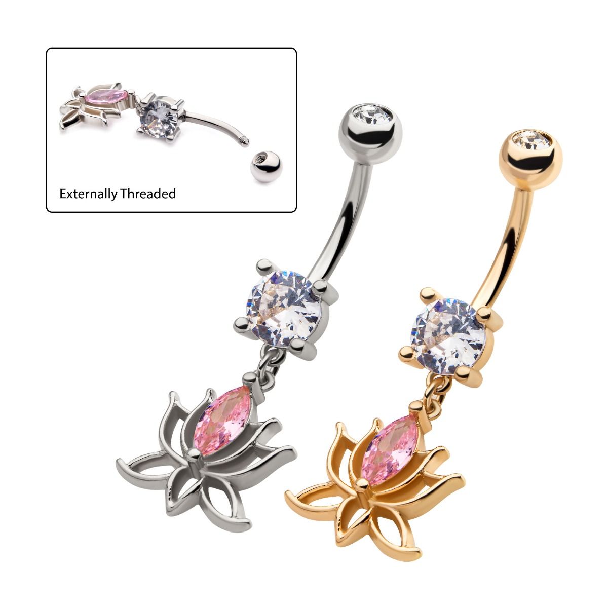 TBD-Belly Clear Pink CZ Lotus Dangle Navel -Rebel Bod-RebelBod