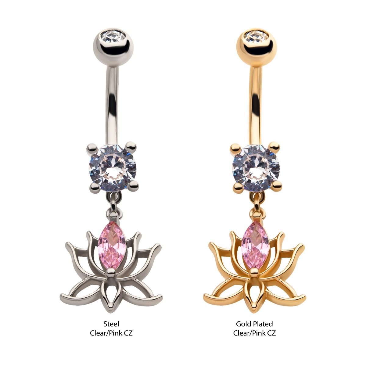TBD-Belly Clear Pink CZ Lotus Dangle Navel -Rebel Bod-RebelBod