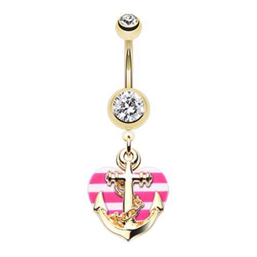 Clear/Pink Golden Anchor Nautical Heart Belly Button Ring
