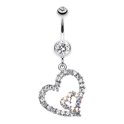 Silver Heart Dangle Belly Button Ring Sparkly Body Jewelry 