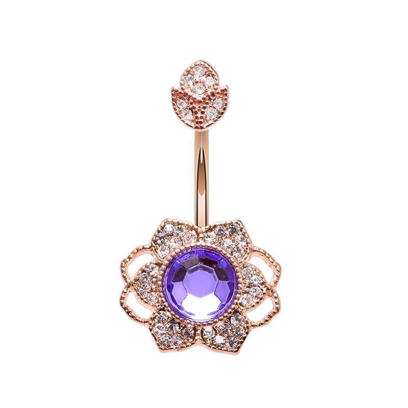 Clear/Purple Rose Gold Antique Georgian Flower Belly Button Ring
