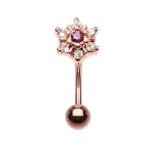 Clear/Purple Rose Gold Magnificent Prong Flower Gem Curved Barbell Eyebrow Ring