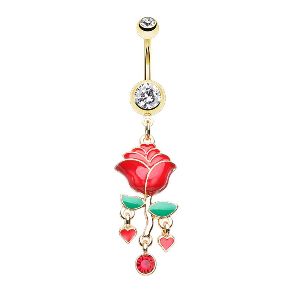 Clear/Red Golden Enchanted Rose Belly Button Ring