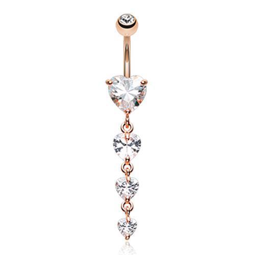 Belly Ring - Dangle Clear Rose Gold Brilliant Heart Cascade Belly Button Ring -Rebel Bod-RebelBod