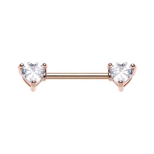 Clear Rose Gold Double Heart Gem Nipple Barbell - 1 Piece