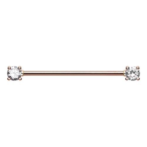 Clear Rose Gold Double Prong Cubic Zirconia Gem Industrial Barbell - 1 Piece