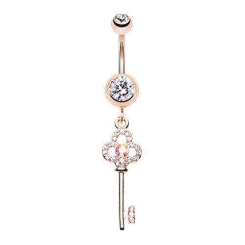 Clear Rose Gold Key to Happiness Belly Button Ring