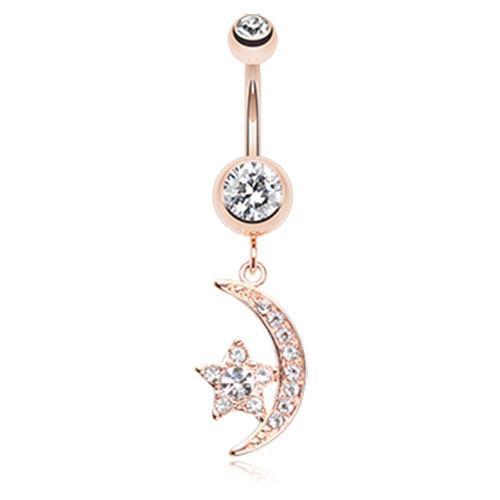 Clear Rose Gold Shining Star Moon Belly Button Ring