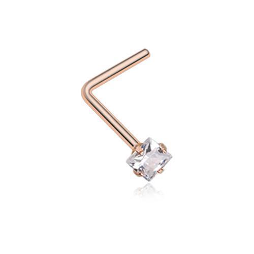 Clear Rose Gold Square Prong Set Gem Top L-Shaped Nose Ring