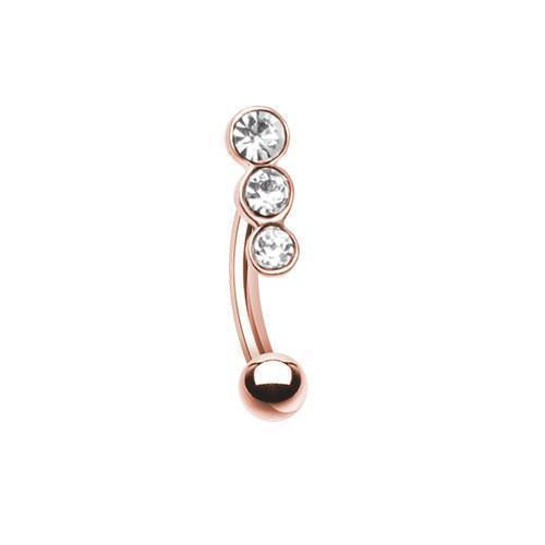 CURVED BARBELL Clear Rose Gold Triple Linear Gem Curved Barbell Eyebrow Ring -Rebel Bod-RebelBod