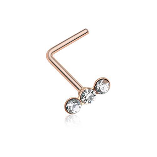 Clear Rose Gold Triple Linear Gem L-Shaped Nose Ring