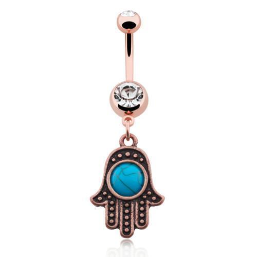 Clear Rose Gold Turquoise Hamsa Belly Button Ring
