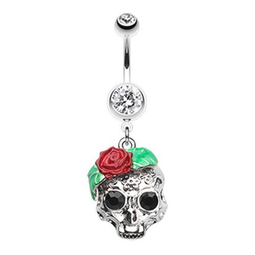 Clear Rose Ornate Sugar Skull Belly Button Ring