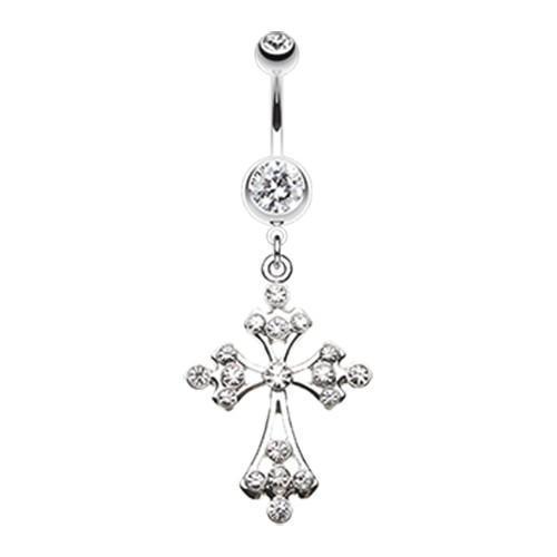 Clear Shimmering Cross Belly Button Ring