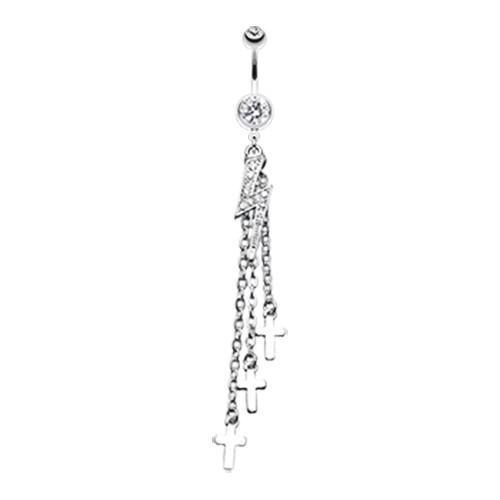 Clear Shimmering Lightning Bolt Chain Cross Belly Button Ring