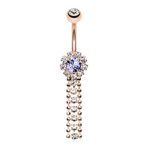 Clear/Tanzanite Rose Gold Wondrous Sparkling Waterfall Belly Button Ring