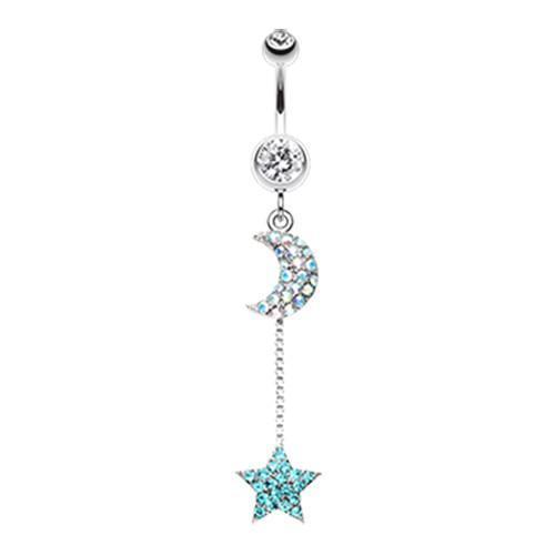 Clear/Teal Celeste Moon and Star Belly Button Ring