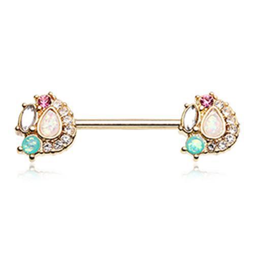 Clear/Teal Golden Sparkle Opal Medley Nipple Barbell - 1 Piece