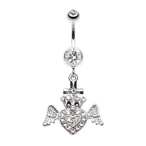 Clear Ultra Bright Crowned Angel Heart and Cross Belly Button Ring