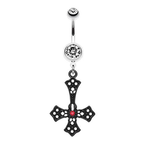 Clear Upside Down Cross Gem Dangle Belly Button Ring Rebel Bod