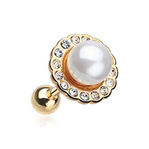 Clear/White Golden Pearl Blossom Sparkle Tragus Cartilage Barbell Earring - 1 Piece