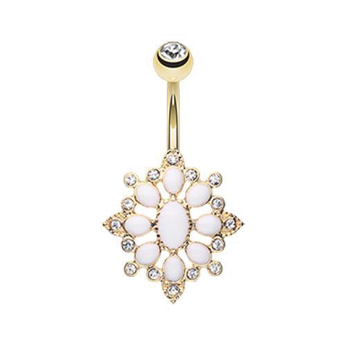 Clear/White Golden Roesia Ornate Multi-Gem Belly Button Ring