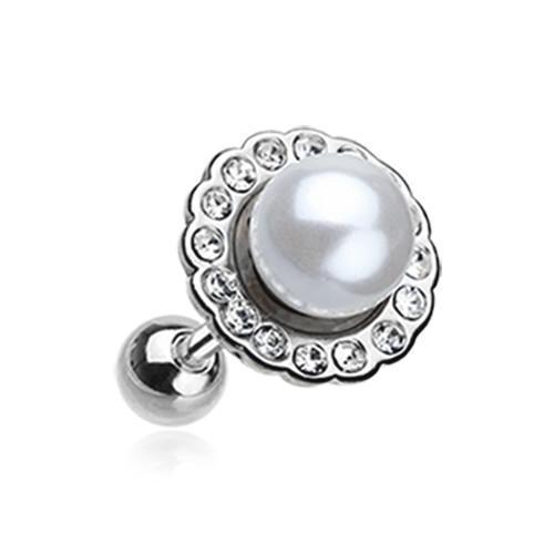 Clear/White Pearl Blossom Sparkle Tragus Cartilage Barbell Earring - 1 Piece