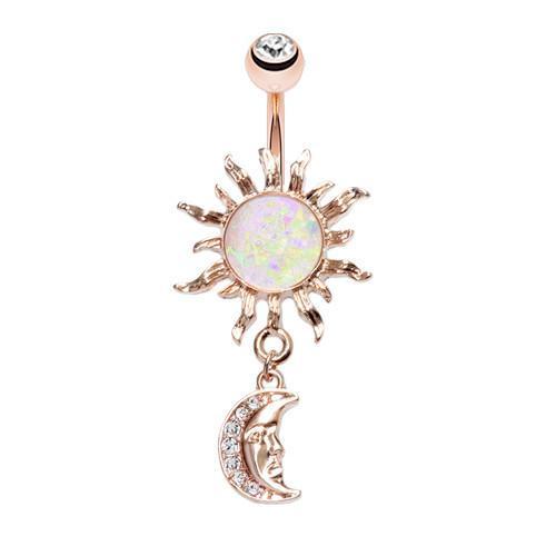 Belly Ring - Dangle Clear/White Rose Gold Opal Celestial Sun Moon Belly Button Ring -Rebel Bod-RebelBod