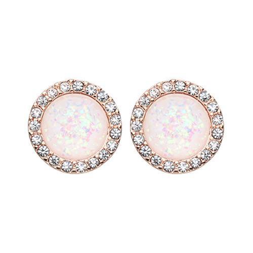 Clear/White Rose Gold Round Crown Opal Jeweled Ear Stud Earrings - 1 Pair