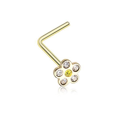 Clear/Yellow Golden Flower Sparkle L-Shaped Nose Ring