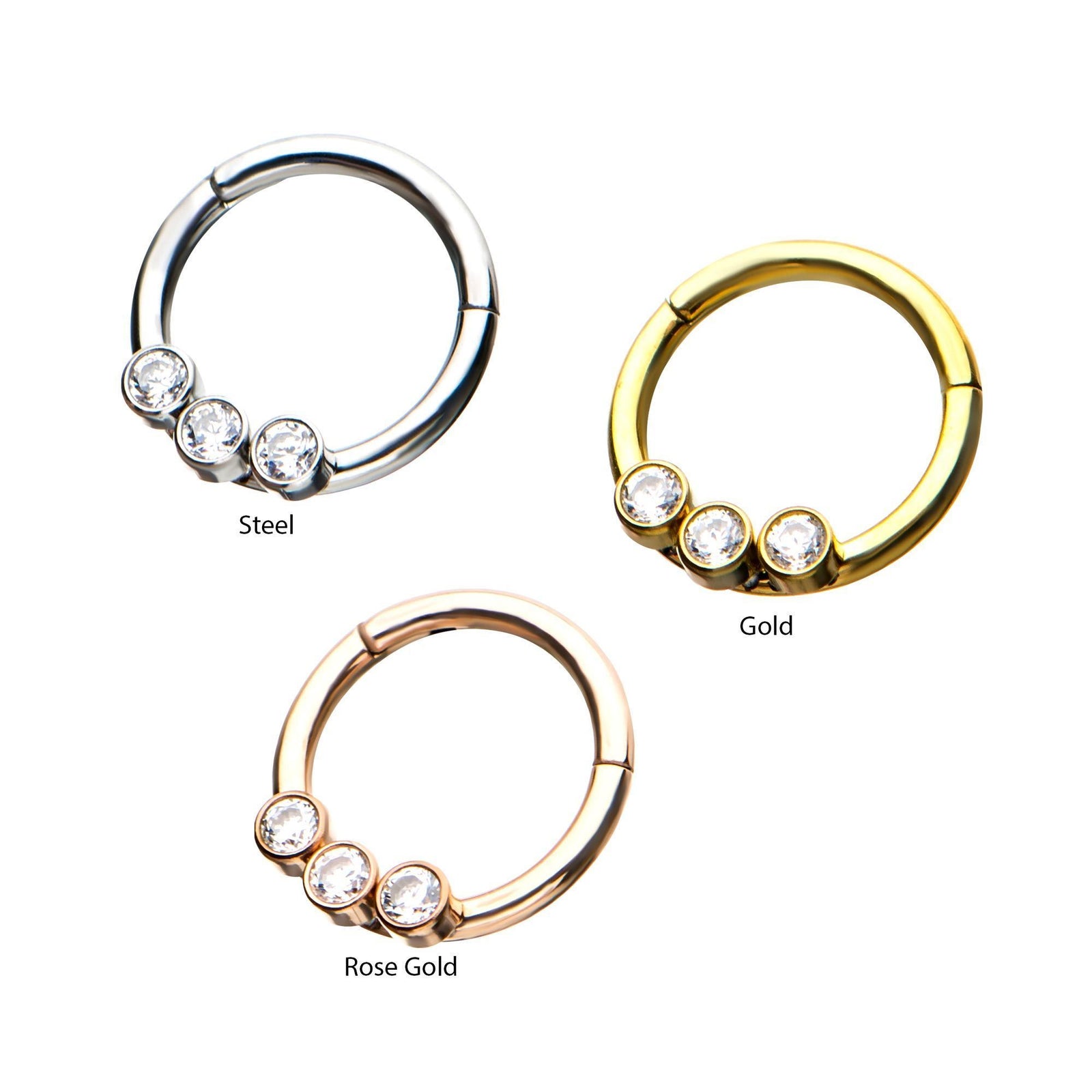 SEAMLESS CLICKER Clicker Hinged Segment Ring with 3 Bezel Set Clear CZ Gem sbvsgrh3gm-gem -Rebel Bod-RebelBod