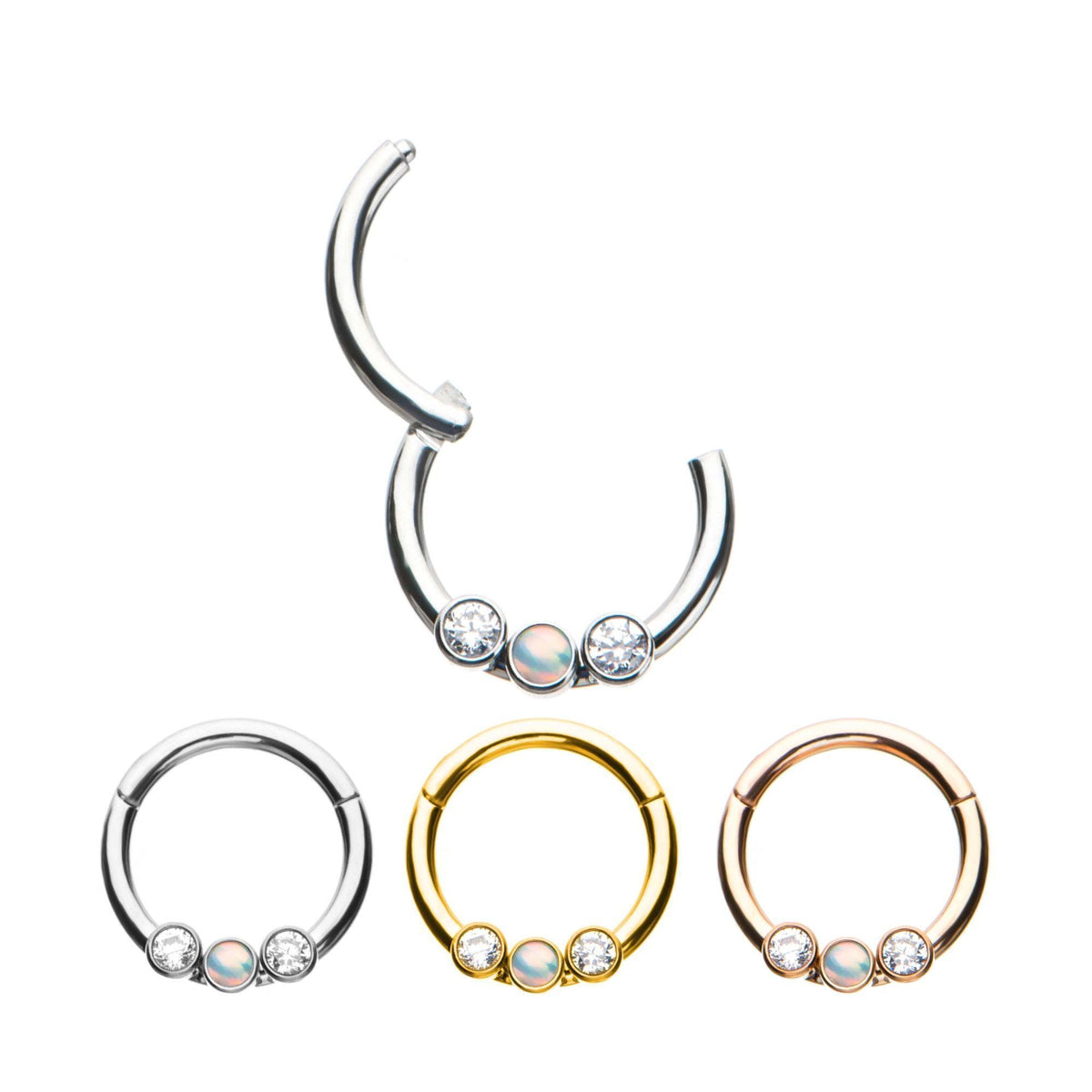 SEAMLESS CLICKER Clicker Hinged Segment Ring with Opal and Clear CZ Gem sbvsgrh3gm-opal -Rebel Bod-RebelBod