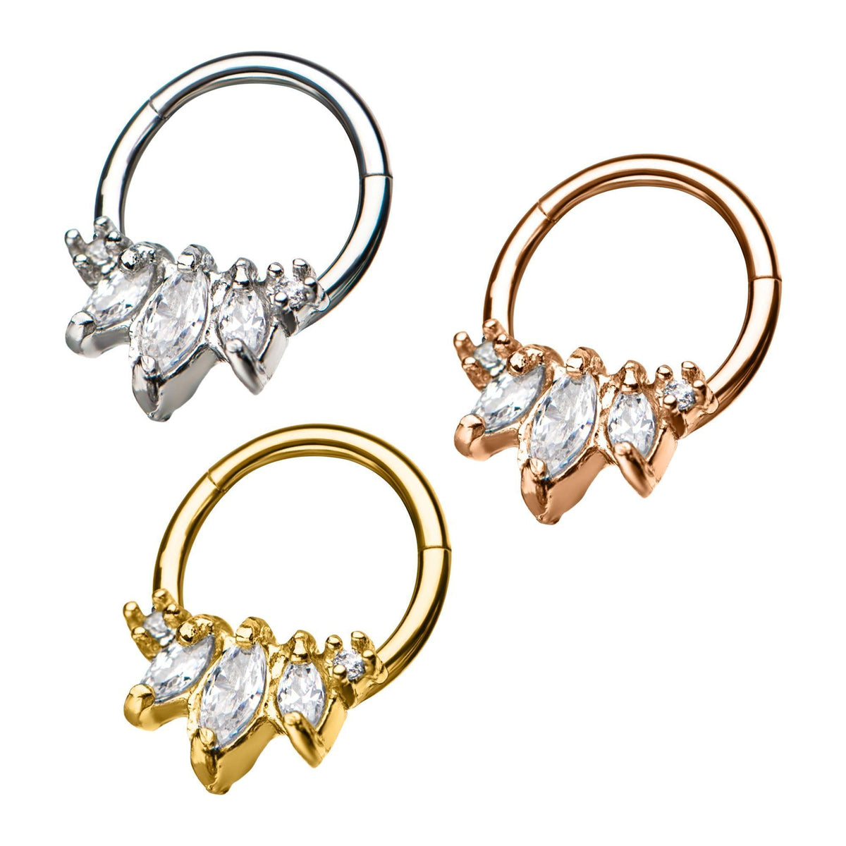 SEAMLESS CLICKER Clicker Hinged Segment Ring with Prong set Spike 3 CZ Clear Gem sbvsgr3gemspk -Rebel Bod-RebelBod